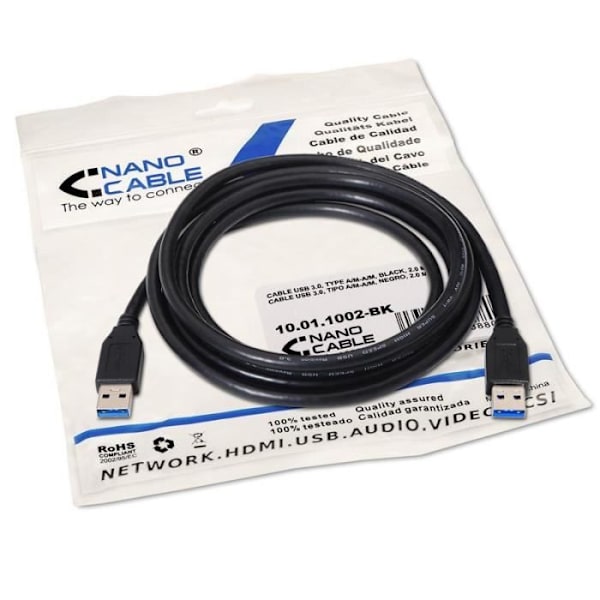 Nanocable 10.01.1002-BK, 2 m, USB A, USB A, 3.0 (3.1 Gen 1), Han-Han, Sort