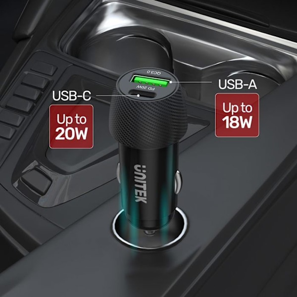 UNITEK Tulostuslaitteen autolaturi 2-porttinen - USB-C PD ja USB QC3.0 38W