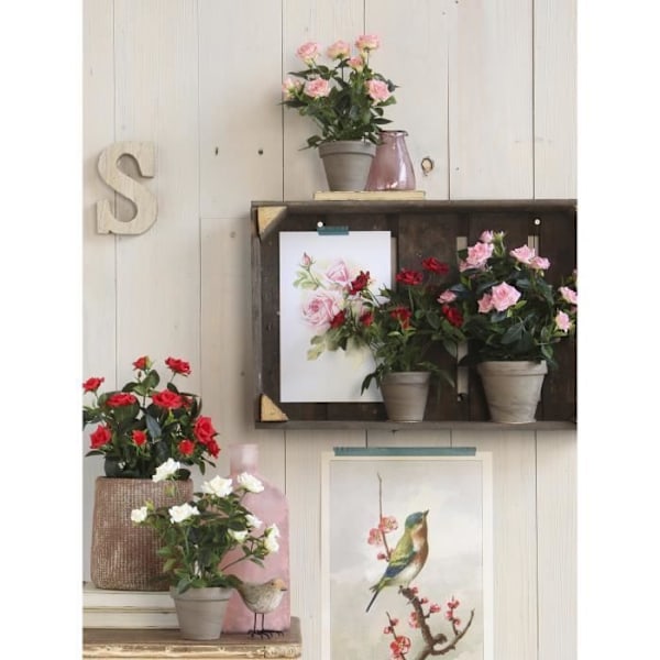 Glimmerdekorationer Rosenbusk kunstige planter i urtepotte - H33 x Ø25 cm - Hvid