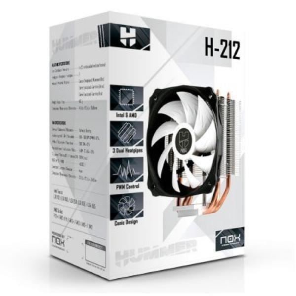 Ventilator og varmespredder - NOX - Hummer H-212 - PWM - 3 varmeledende kobberkølere - 8-20 dBa Aluminium, Sort, Hvid
