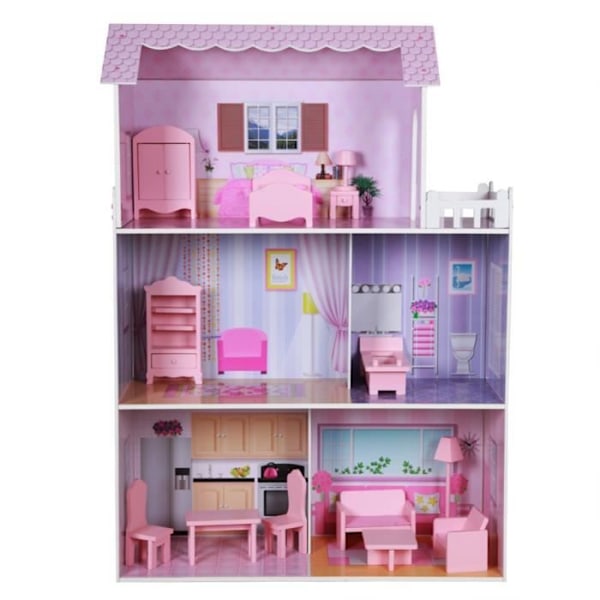 Puinen nukkekoti - WOOMAX - 3 kerrosta - 13 huonekalua mukana Pink og lilla