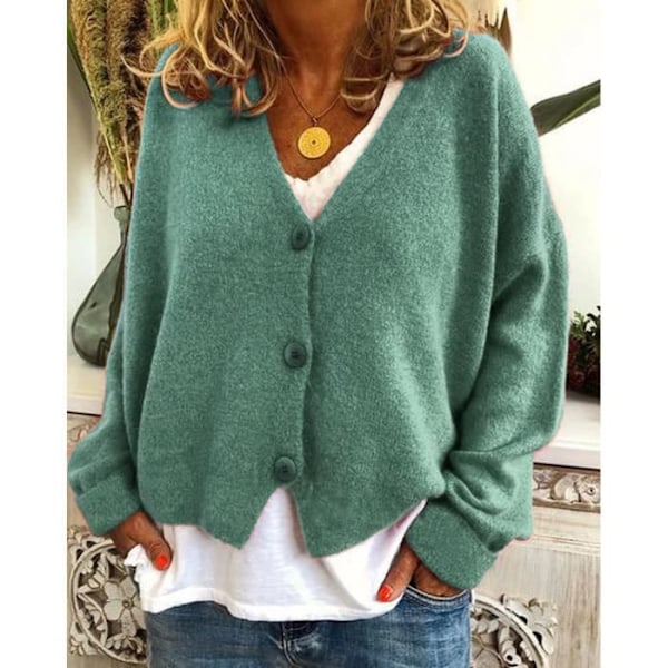 V-ringad cardigan för damer, stickad kofta med fladdermus ärm, ledig höststickad topp grön Grön M
