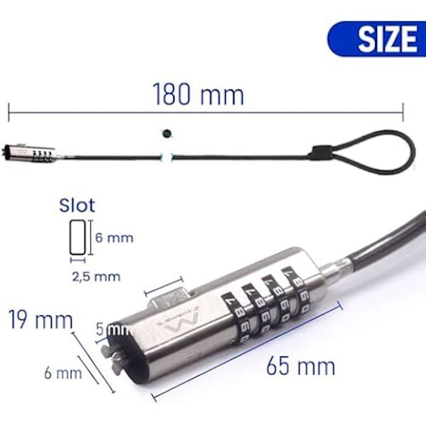 Sikkerhedskabel - EWENT - Model EW1238 - 1,8 m - 4-cifret kombinationslås - Universal Anti-Theft