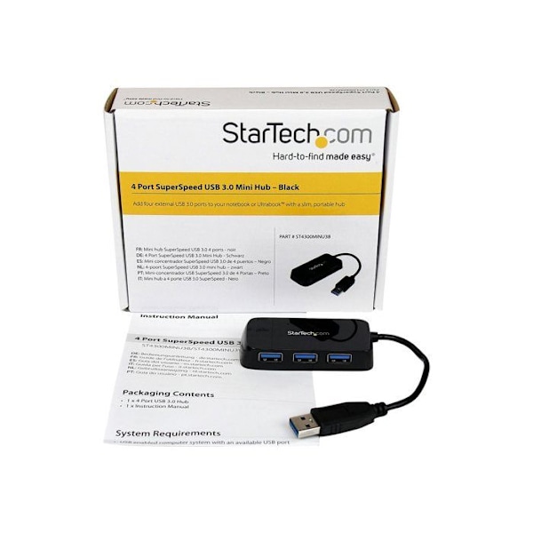 USB 3.0 Hub - StarTech - ST4300MINU3B - 4 porttia - Integroitu kaapeli - Musta