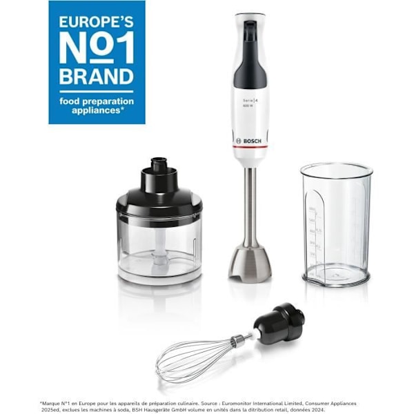 Stavblender - BOSCH - MSM4W221 - 600 W - 4 skarpe knive - Røreskål - Minihakker - Piskeris - Keramisk gear svart och klar