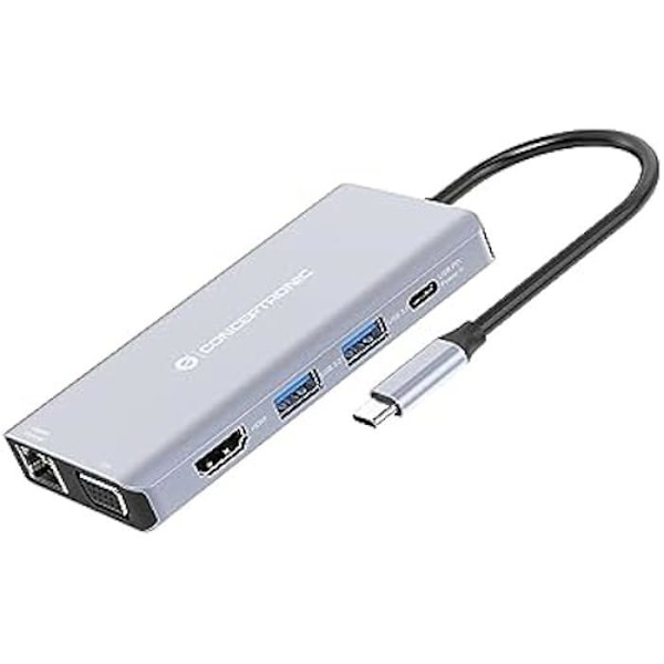 10 in 1 USB-C-telakointiasema HDMI/VGA/USB-C-PD/USB 3.0/SD/TF/GbE/AUX - Conceptronic DONN20G