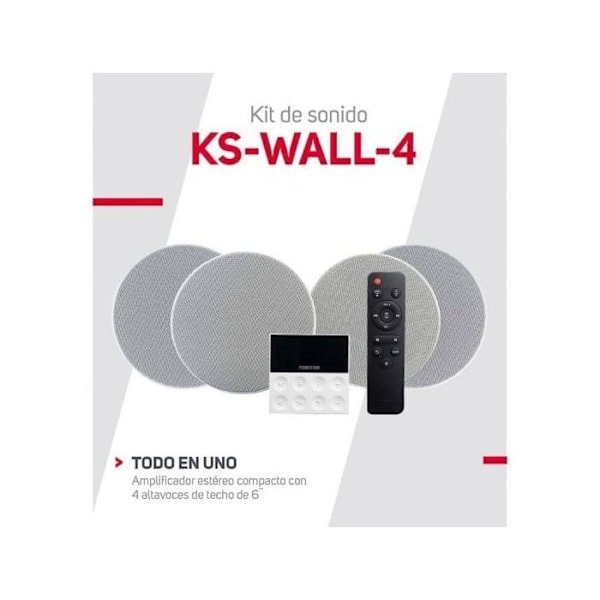 FONESTAR KS-WALL 4 Højttalere - Bluetooth USB FM AUX - Sort - Forstærker - 25 Watt - 4 Højttalere