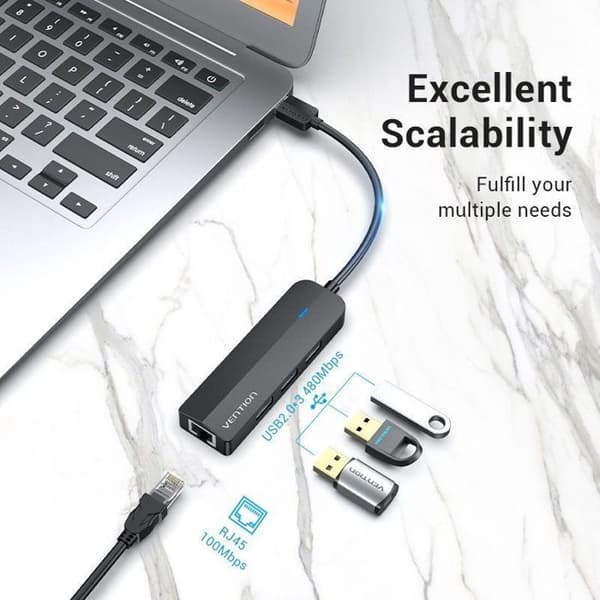 Vention 5-in-1 USB 2.0 -adapteri 3x USB 2.0 / RJ45 100Mbps Ethernet / Micro-B 0.15M Musta ABS Tyyppi