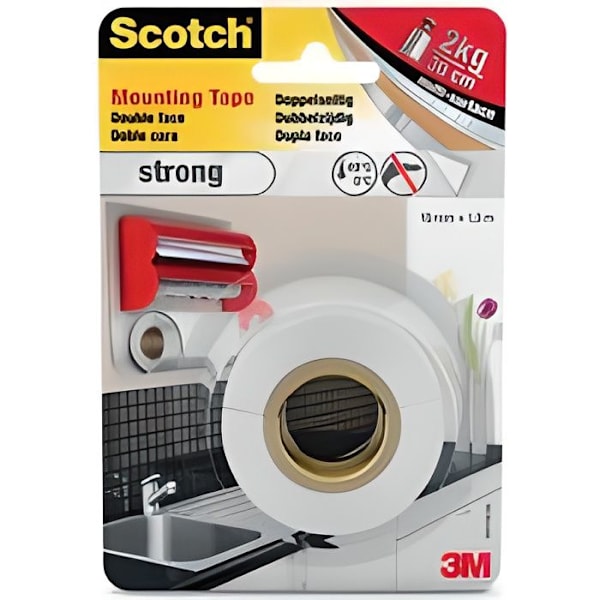 Dobbeltklæbende tape - 3M - 19 mm x 1,5 m - Stark vedhæftning - Multifunktionel - Hvid Vit