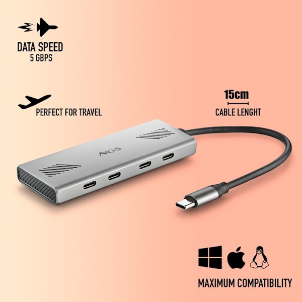 USB-C-hubb - NGS - WONDER4-C - 4 portar - 5 Gbps - Aluminium - 180 mm