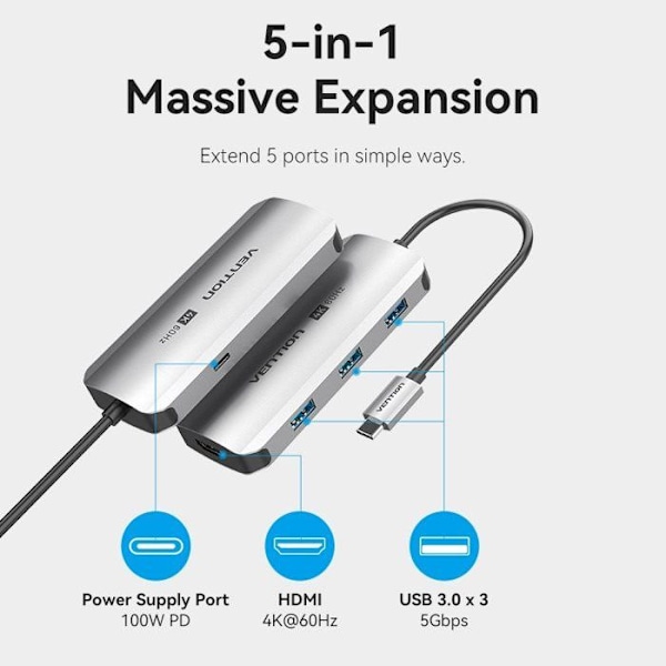 Vention USB-C til HDMI/USB 3.0 x3/PD 5-i-1 dockingstation i grå aluminium 0,15M