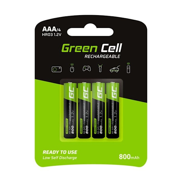 Green Cell 800mAh 1,2V Paket med 4 Ni-MH uppladdningsbara batterier Typ AAA, förladdade, mikrobatteri, HR03-batteri, låg självurladdning
