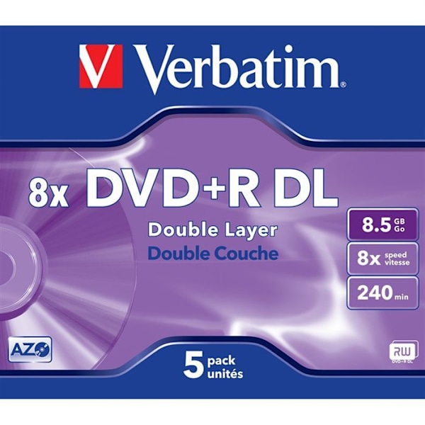 DVD+R Dobbeltlag VERBATIM - 8x - 8,5 GB - 240 minutter - Pakke med 5