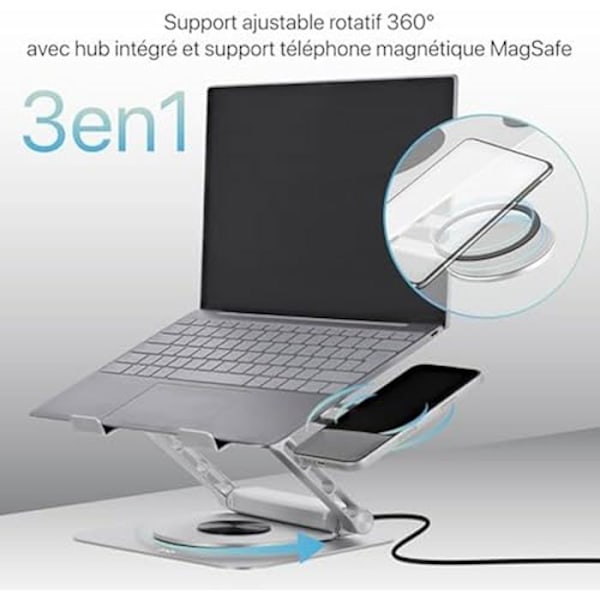 Stöd Notebook Justerbar - T'nB - iClick - Aluminium - Hub USB-C 6i1 - 360° Rotativ