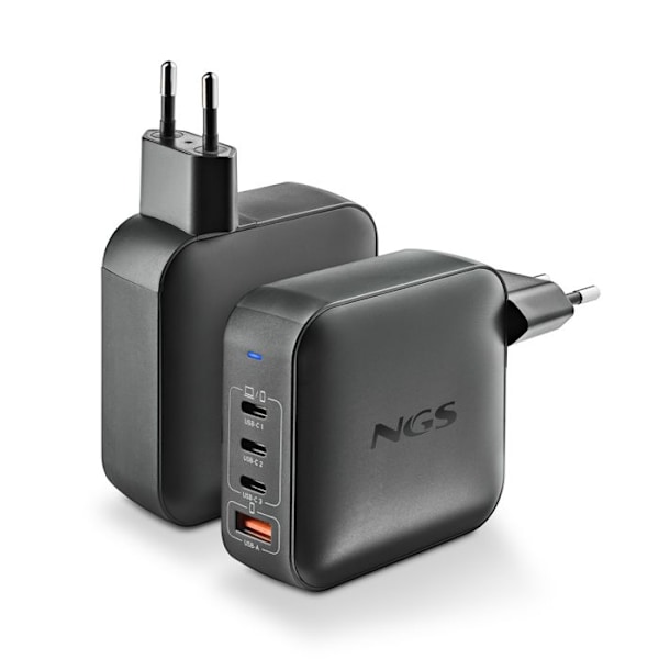 NGS BUD 165W : Universell väggladdare 165W med 4 portar: 3 USB-C + 1 USB-A. Snabb och säker laddning. Samtidig laddning.