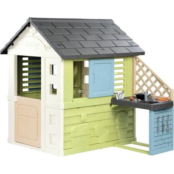 Smoby Life - Smuk Hus + Sommerkøkken - Grillplade og Vask - 17 tilbehør - Genbrugsmateriale - Fra 2 År