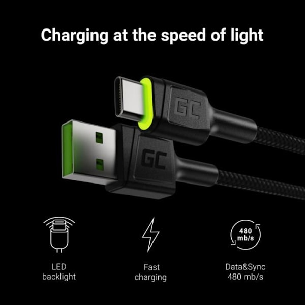 USB-C kabel - Green Cell - GC Ray - 200cm - Grøn LED - Hurtigopladning QC 3.0 sort