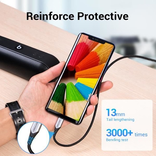 VENTION USB A - USB Type C -kaapeli USB C -latauskaapeli 3A pikalataus nailonpunoksella Note10/S20/S10/A80 Huawelle
