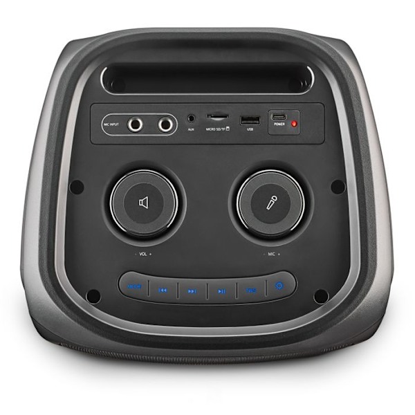 NGS WILD TEMPER : BÆRBAR FESTHØJTALER 200 W, LED-LYS, BLUETOOTH OG TWS COMPATIBLE, USB/AUX INDTIL, 5 TIMERS BATTERI. Svart