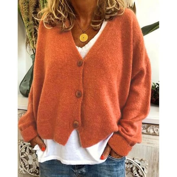 Naisten V-kaula-aukkoinen neuletakki Batwing Sleeve -neulottu neuletakki rento syysoranssi neuletoppi Orange XXXL