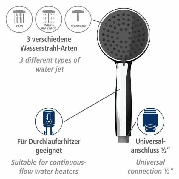 WENKO Basic brusehoved, brusehoved med 3 stråler, nem rengøring af kalk, plastik, ø10 cm, grå