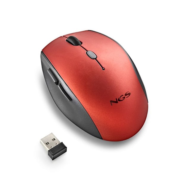 NGS BEE RED: Ergonomisk trådlös mus med tysta knappar. Justerbar DPI: 800/1200/1600. Högerhänt. Plug & Play. Röd färg.