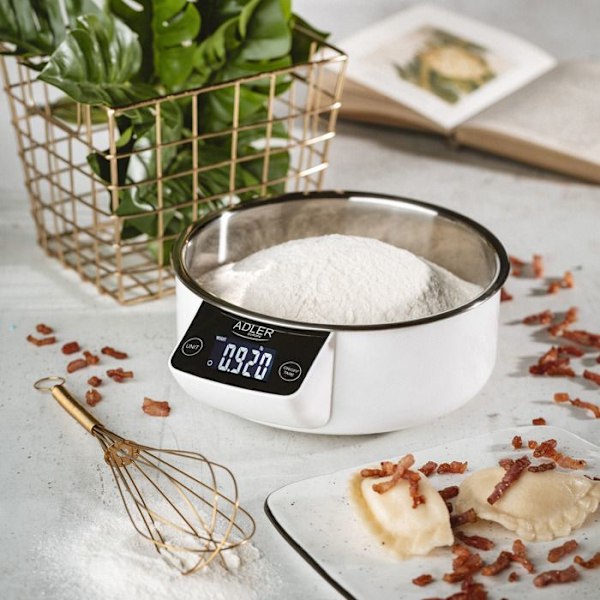 Digitaalinen elektroninen keittiövaaka kulholla, 900 ml, 5 kg (11 lb) TARE Adler AD 3166 Valkoinen Vit