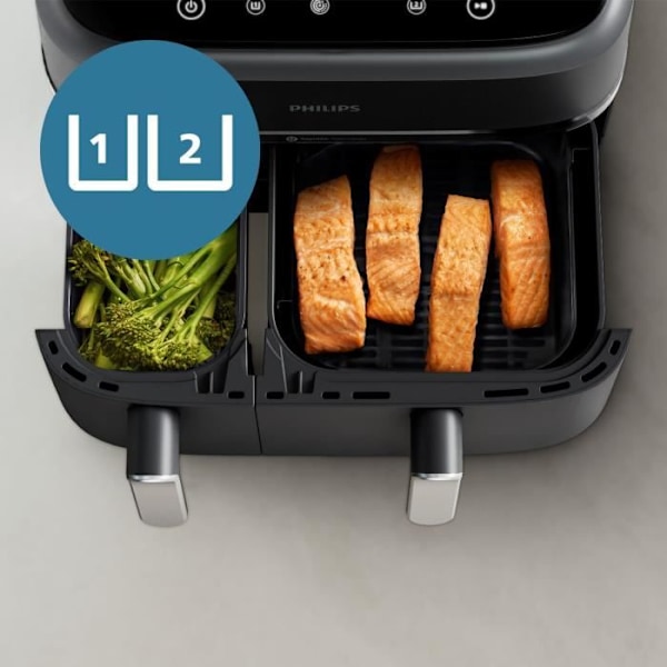 Fritøsefritter PHILIPS - Airfryer NA351/00 - Dobbelt beholder 9L - 8 tilberedningsprogrammer - 2750W Svart silver