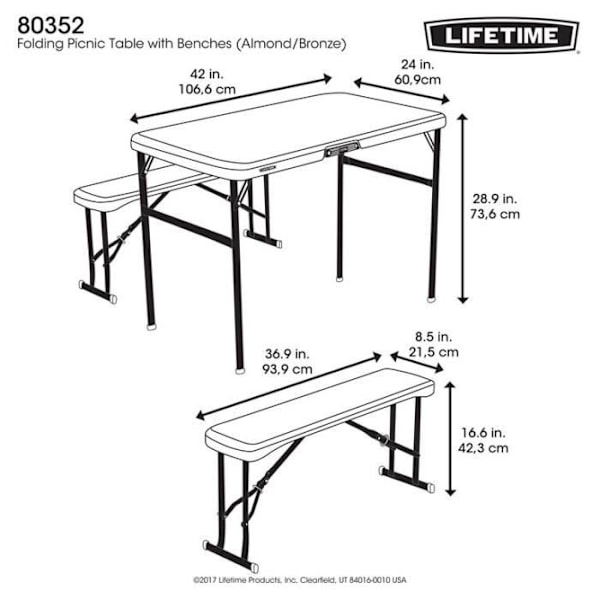 CAMPINGBORD 107 x 61 cm + BÆNKE 94 x 21 x 42 cm - LIFETIME