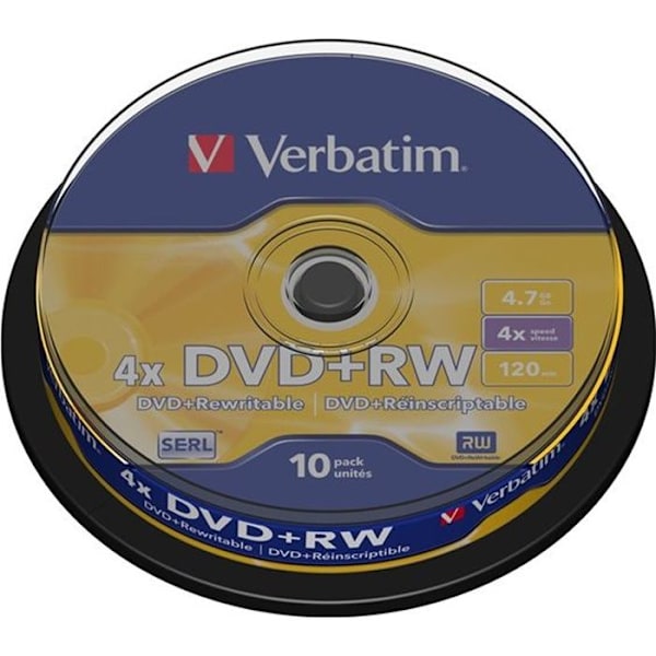DVD+RW - VERBATIM - Spindel 10 - 4,7 GB - 120 minutter - Maksimal skrivehastighed 4x