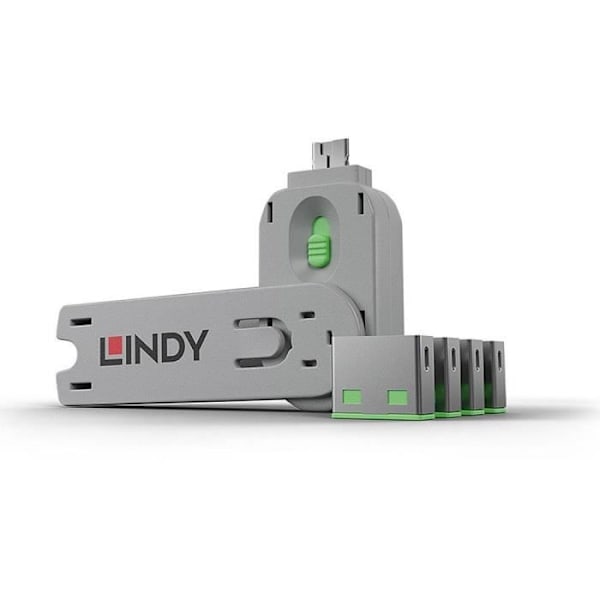 LINDY USB-nøgle - 4 USB-portblokkere - Grøn - Kompatibel med Windows, Mac, Linux