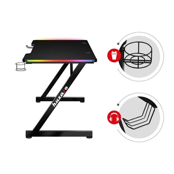 HUZARO HERO 2.5 LED RGB-spelbord, 120x60x75cm Dryckekorg, Hörlurskrok, PC-skrivbord, datorer, PC-spel svart