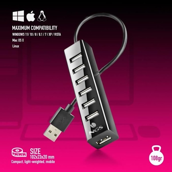 NGS IHUB7 TINY - 7-portars USB 2.0 Hub med 5V-1A strömadapter, universellt kompatibel, "Plug and Play"