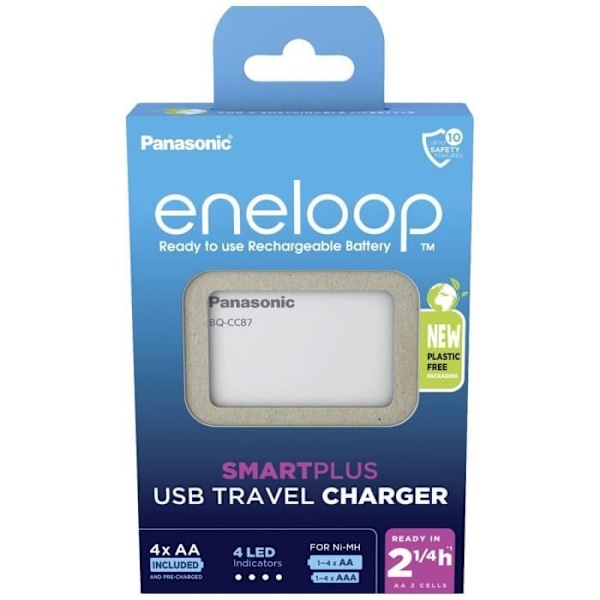 Panasonic BQ-CC87 +4x eneloop AA oplader til NiMH rundceller LR03 (AAA), LR6 (AA)