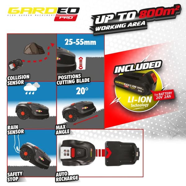 Robotgräsklippare - GARDEO - GRO20V20WIFI-2A - 20V - 800m² - Programmerbar Wifi