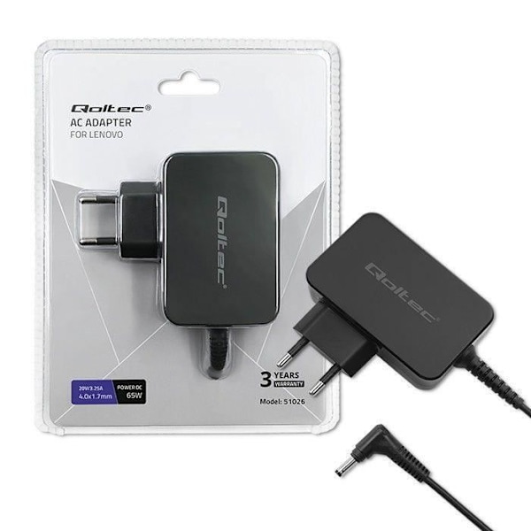 Qoltec strømadapter til Lenovo 65W, 20V, 3.25A, 4.0x1. - 5901878510262 Sort