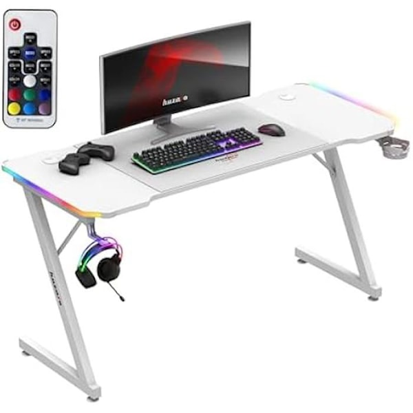 Bureau gaming HUZARO Hero 3.3 Vit RGB - LED-belysning, Bordskiva 140 cm, Kopphållare, Hörlurshållare, XXL-matta ingår Vit