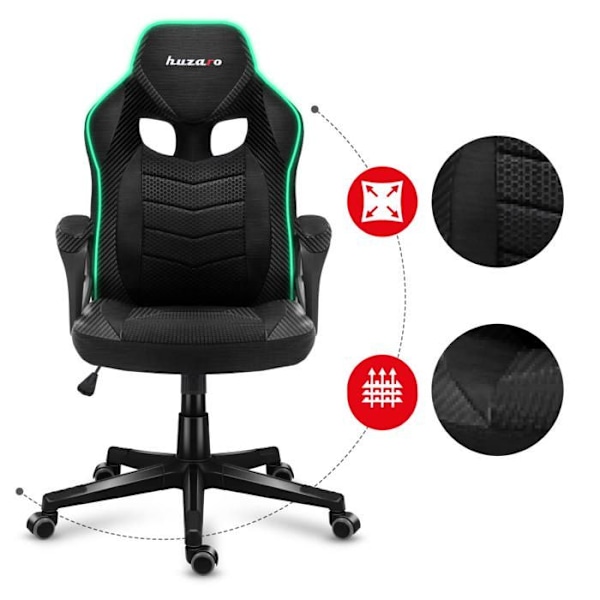 HUZARO FORCE 2.5 LED RVB Pelituoli, Kangas Toimisto Tuoli, Pelitietokone, Ergonominen, Säädettävä, Kääntyvä, Käsinojat, Pelaaja svart