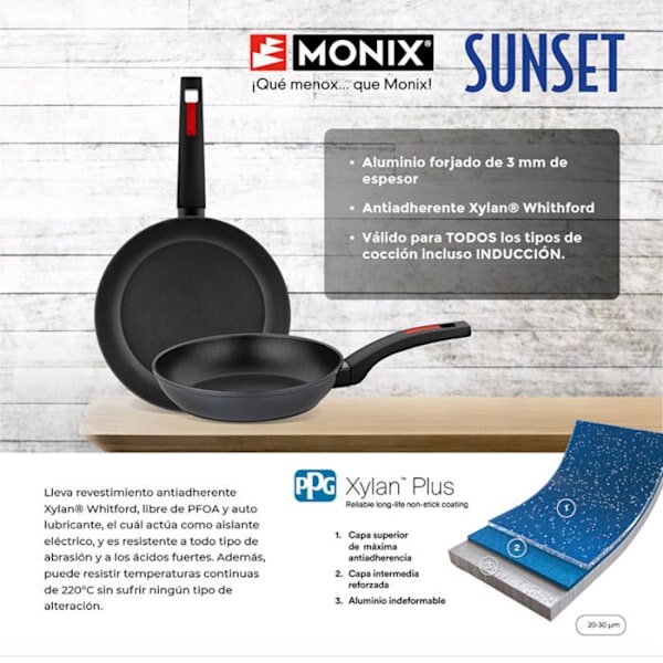 MONIX Sunset | 2 kpl 22-26 cm valualumiinipannuja, tarttumattomia, bakeliittikahvalla, kaikkiin liesiin, mukaan lukien induktio.