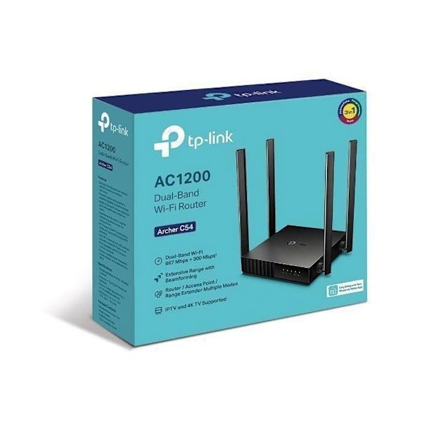 Tp-link Wifi Router Archer C54 Ac1200 Dual Ap/router, 4x Lan, 1x Wan/ 300mbps 2.4/ 867mbps 5ghz, Right To Socket, Indendørs,