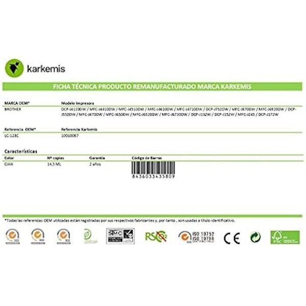 Blækpatron - KARKEMIS - Brother LC-123 - Cyan farve - 10 ml - Ydelse 2500 sider