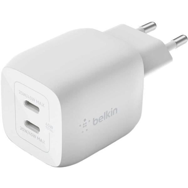 Lader - Belkin - 45W PD PPS - Dual USB-C - GaN - Hurtigopladning Hvid