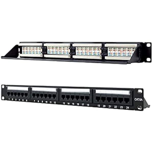 24-portars RJ45 Cat.6A UTP patchpanel - NANOCABLE - 10.21.4124 - För 19" 1U dubbelt IDC-ställ - Svart