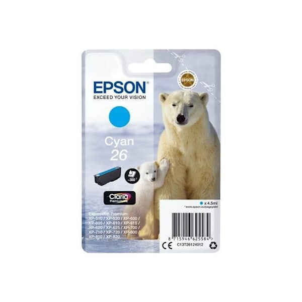 EPSON T2612 Cyan blækpatron - Isbjørn (C13T26124012)