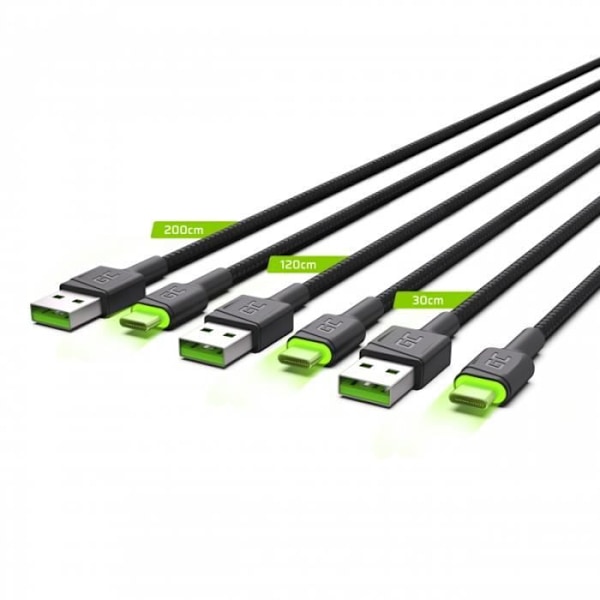 Sæt 3x Câble USB Green Cell GC Ray - USB-C 30cm, 120cm, 200cm, grøn LED, hurtig opladning Ultra Charge, QC 3.0