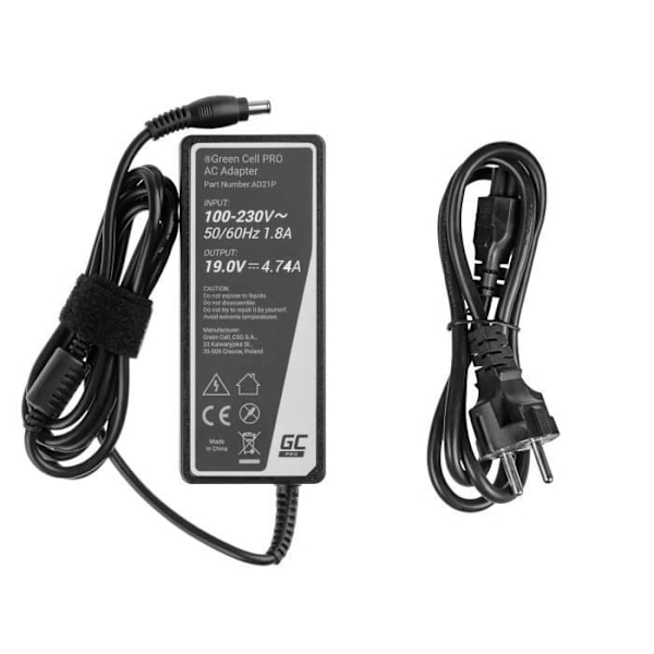 Lader Green Cell PRO 19V 4.74A 90W til Samsung R510 R522 R525 R530 R540 R580 R780 RV511 RV515 RV520 NP300V5A NP350E5C NP350V5C sort
