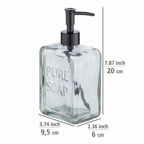 WENKO Dispenser för flytande tvål "Pure Soap", Kapacitet 550 ml, dispenser för flytande tvål, 9,5x20x6 cm, transparent Transparent