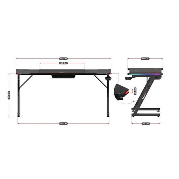 Bureau gaming HUZARO Hero 4.8 Sort RGB - LED-belysning, 160 cm bordplade, kulfiberfinish, headset- og krusholdere, ergonomisk RGB LED