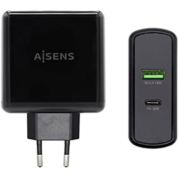 AISENS CARGADOR Para Smartphone 48W 1X USB-C PD3.0 30W, 1X USB-A QC3.0 18W Sort