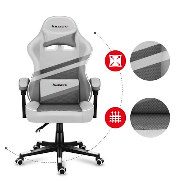 HUZARO FORCE 4.4 Gaming Stol Vit Tyg - Ergonomisk - Justerbar - Vridbar Vit grå